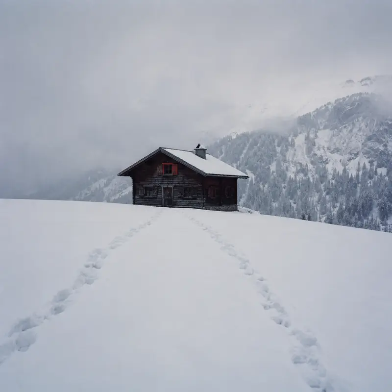 A remote wooden cabin in a snowy mountain landscape