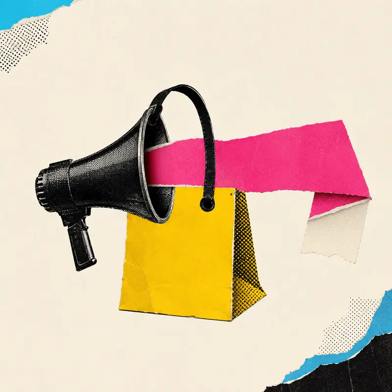 Collage illustration of a megaphone emerging from a shopping bag