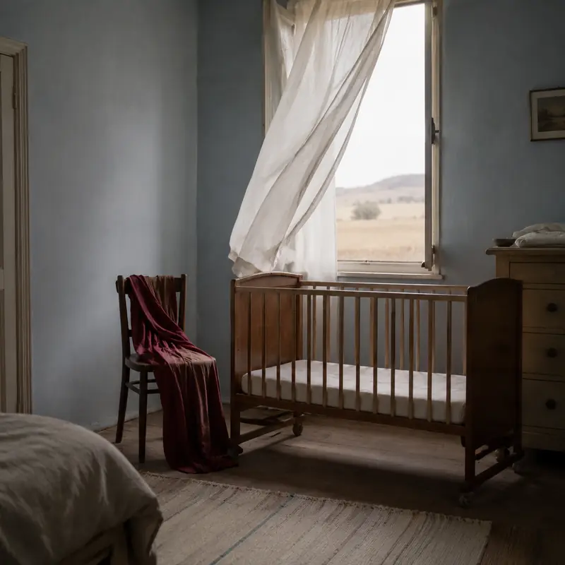 An empty wooden crib beside a curtained window overlooking an open field
