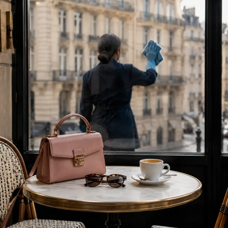 A pink handbag and sunglasses on a Parisian café table