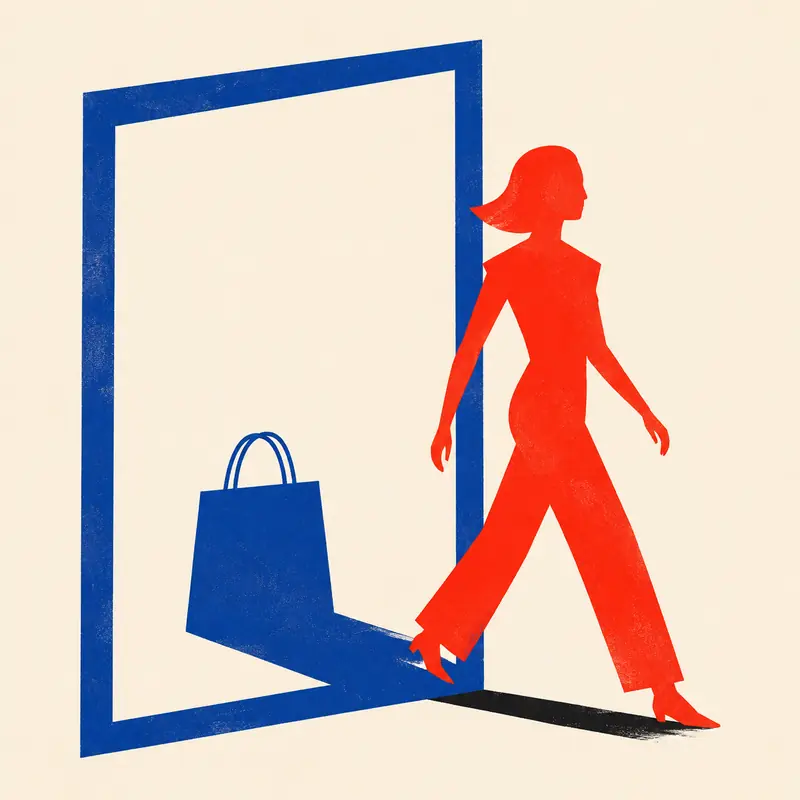 A red silhouette of a woman walking out of a blue doorway with a shopping-bag shadow