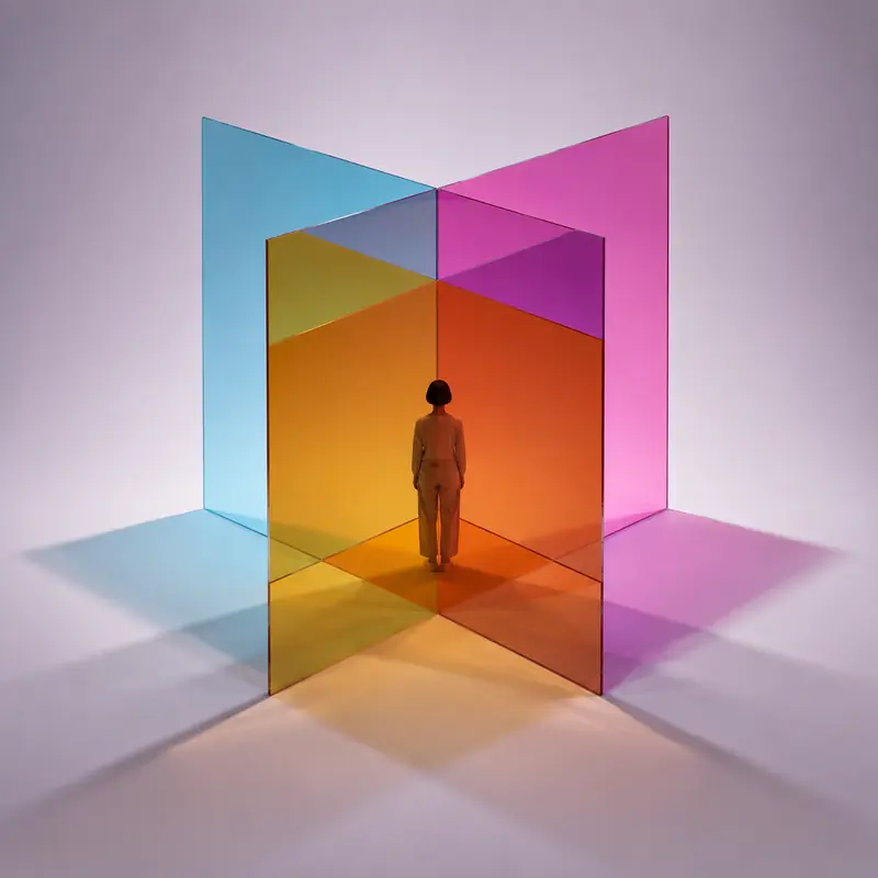 A figure standing inside overlapping panes of colored glass casting layered shadows