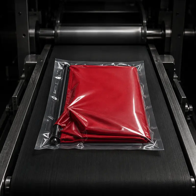 A red garment sealed in plastic on an industrial conveyor belt