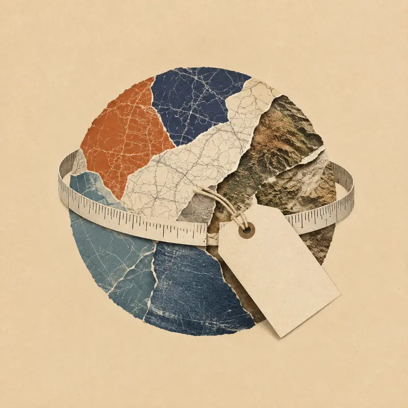 A torn paper collage globe wrapped in a measuring tape with a blank price tag