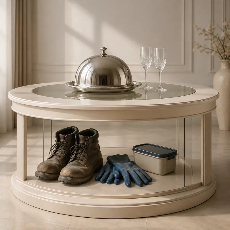 A silver serving dome and champagne glasses with worn work boots stored underneath