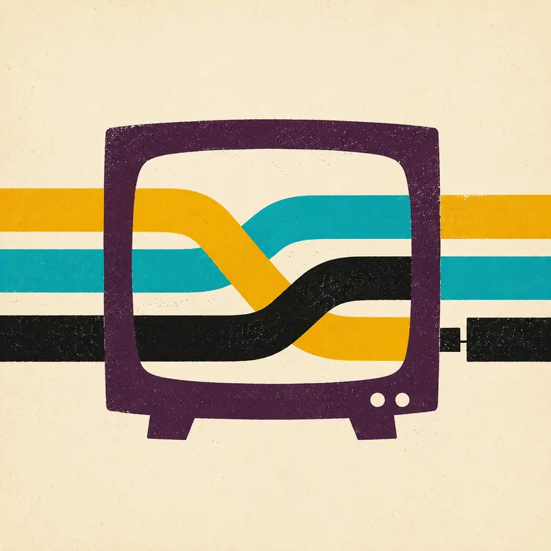 A retro television illustration with colored ribbons of signal passing through it
