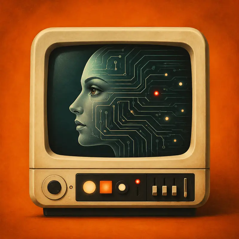 A retro television showing a woman's face merging into circuitry