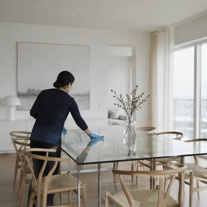 A domestic worker cleaning a glass table in a bright apartment
