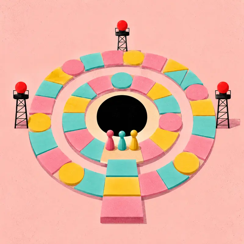 A pastel illustration of a circular game board with guard towers