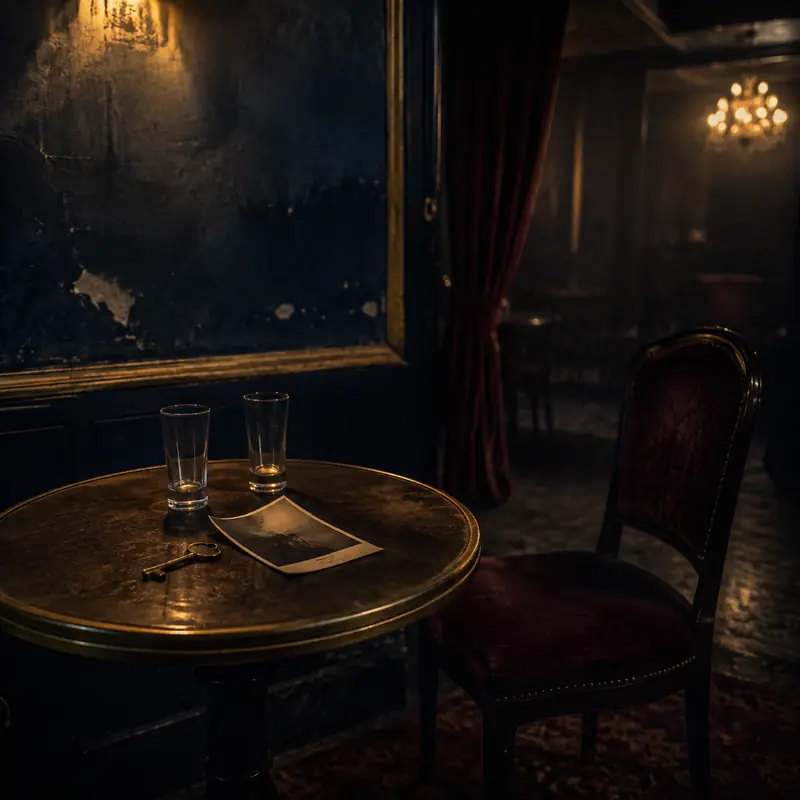 A dim, old-fashioned nightclub table with two glasses, a key, and a photograph