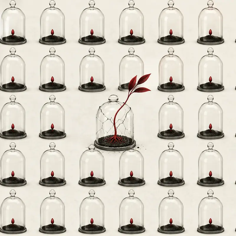 Rows of glass cloches over soil, with one containing a single growing red plant