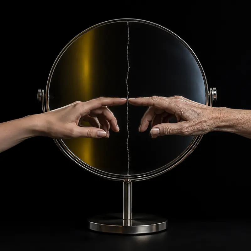 A cracked mirror with a young hand and an older hand reaching toward each other