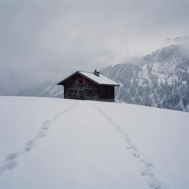 A remote wooden cabin in a snowy mountain landscape