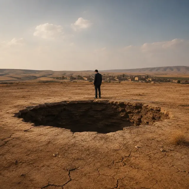 A man stands at the edge of a large sinkhole in a cracked, arid landscape