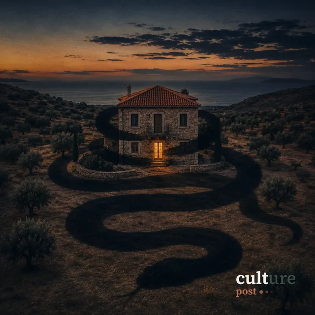 A whitewashed house at dusk encircled by a dark winding path