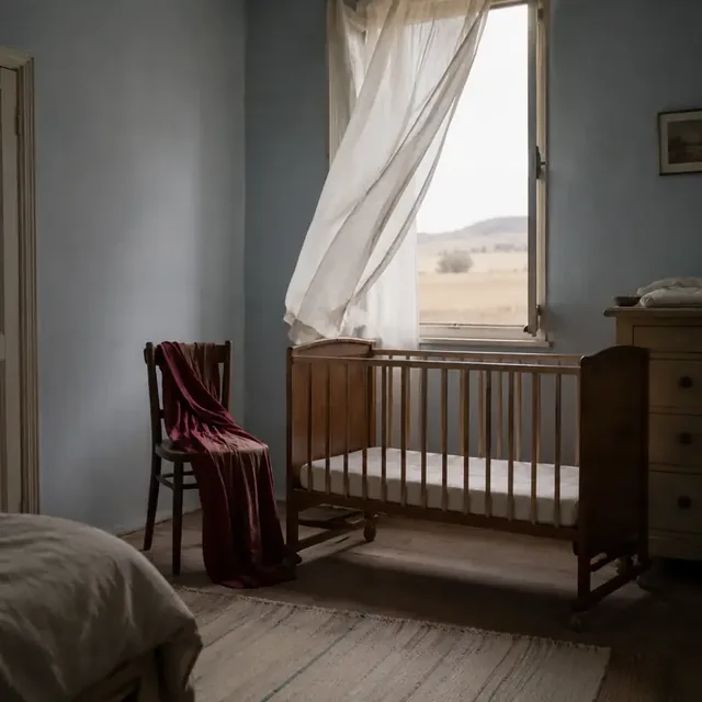 An empty wooden crib beside a curtained window overlooking an open field