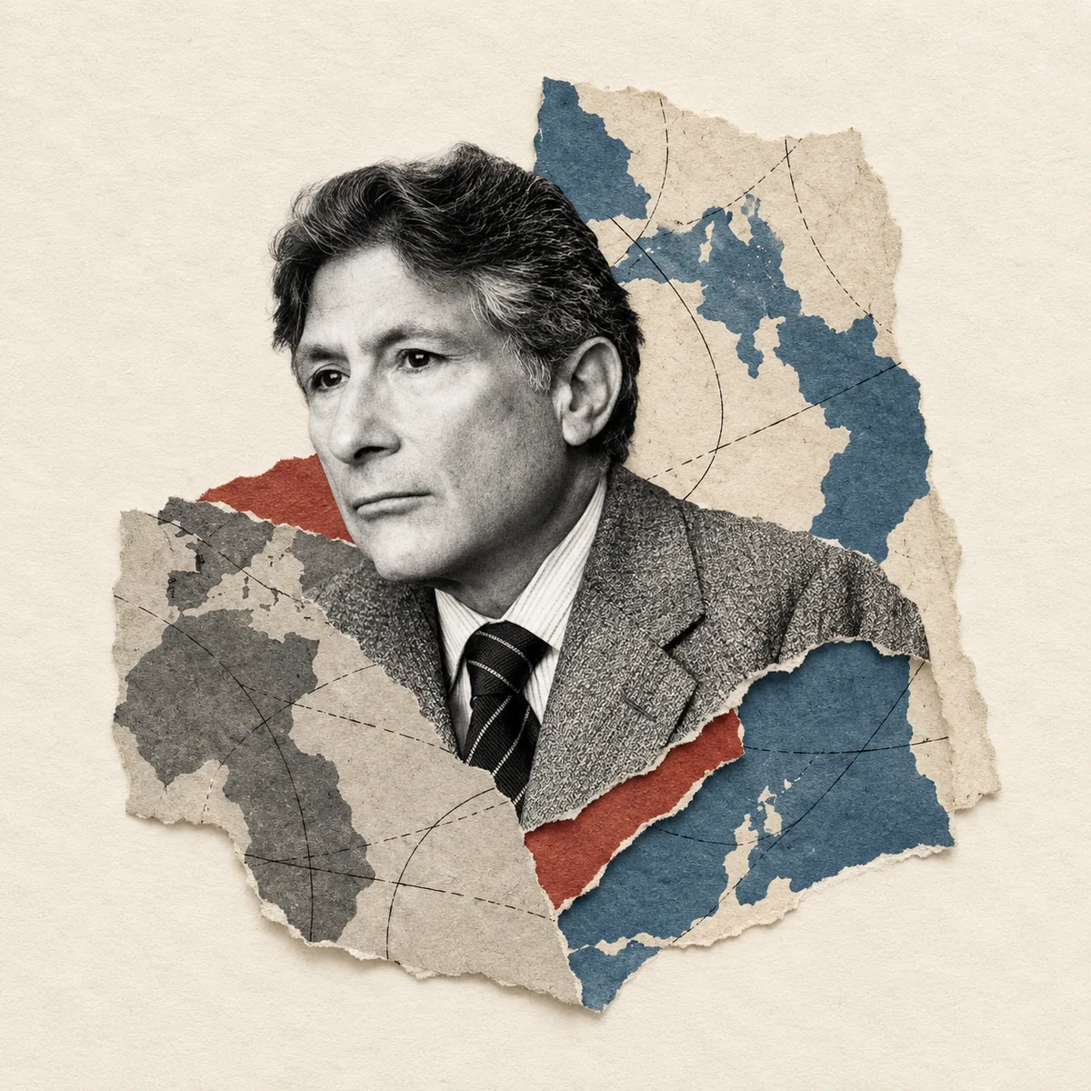 A black-and-white collage portrait of Edward Said set against torn map fragments