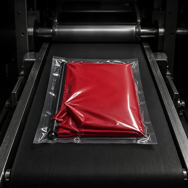A red garment sealed in plastic on an industrial conveyor belt