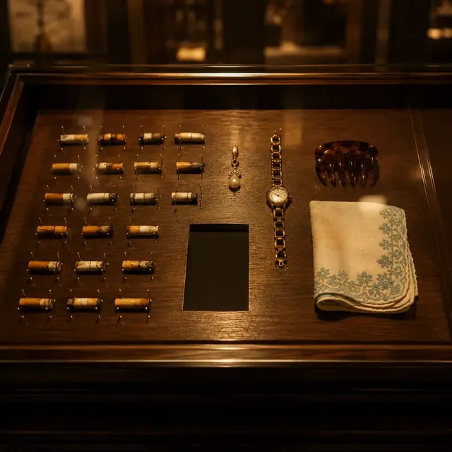 A museum display case of small objects, a watch, and a folded embroidered cloth