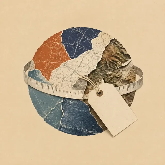 A torn paper collage globe wrapped in a measuring tape with a blank price tag