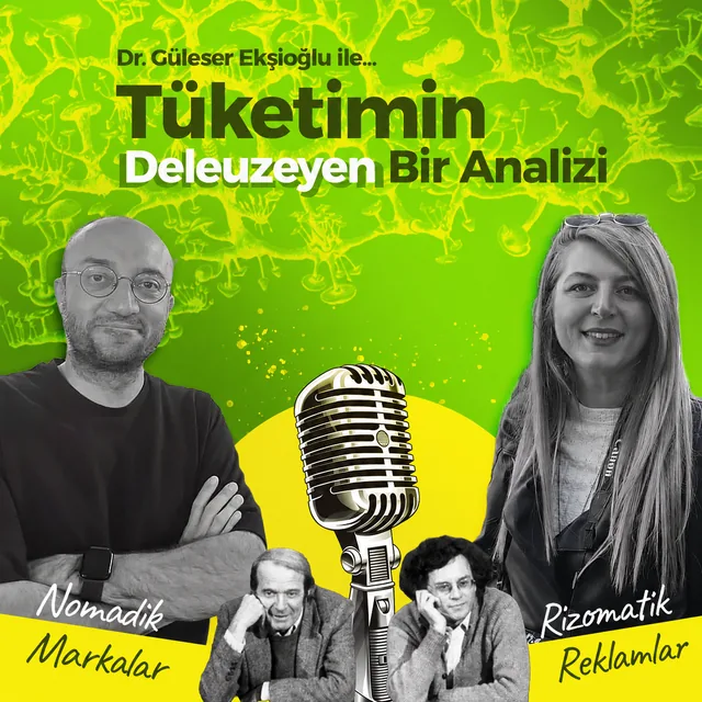 A green podcast cover for CultPost featuring two people and a microphone
