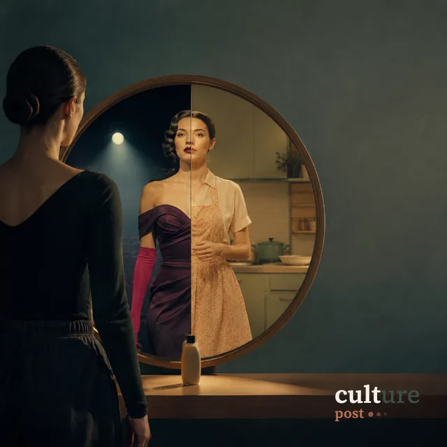 A woman looking into a mirror that shows two different reflections of herself