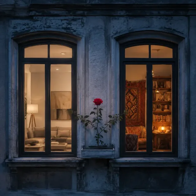 A red rose on a windowsill between two lit apartment windows at night