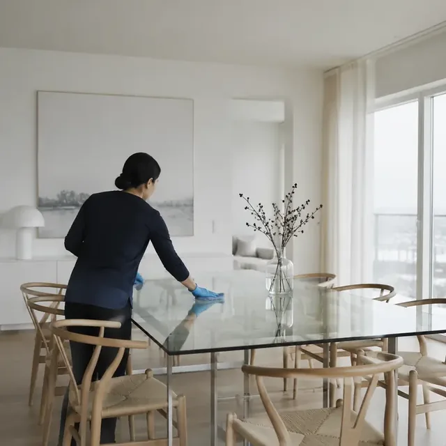 A domestic worker cleaning a glass table in a bright apartment