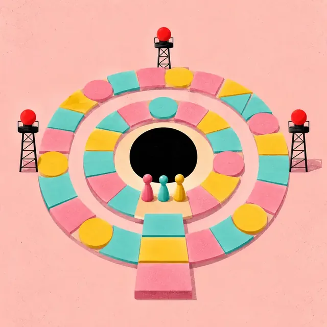 A pastel illustration of a circular game board with guard towers