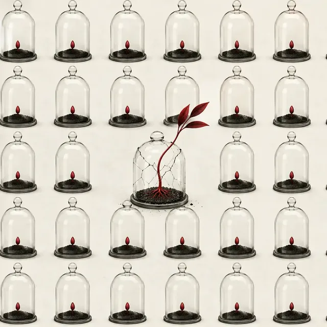 Rows of glass cloches over soil, with one containing a single growing red plant
