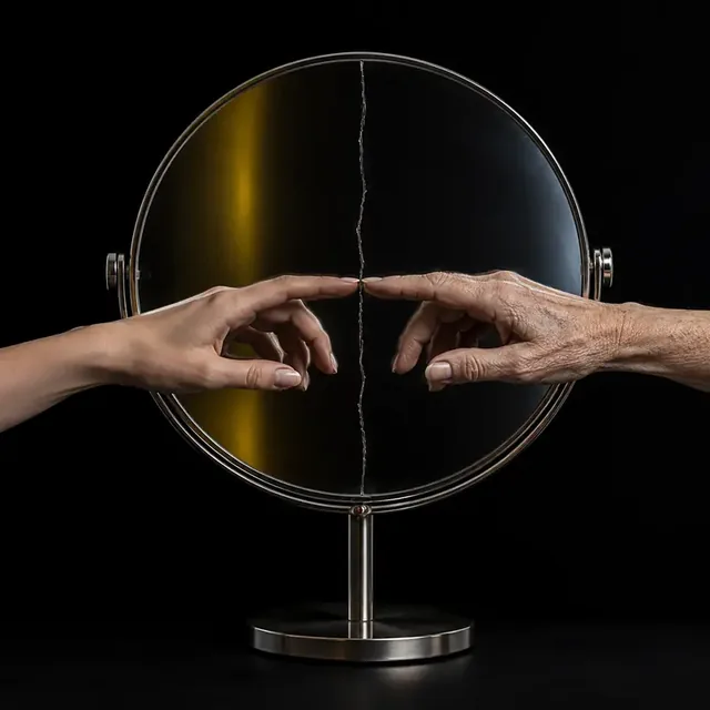A cracked mirror with a young hand and an older hand reaching toward each other