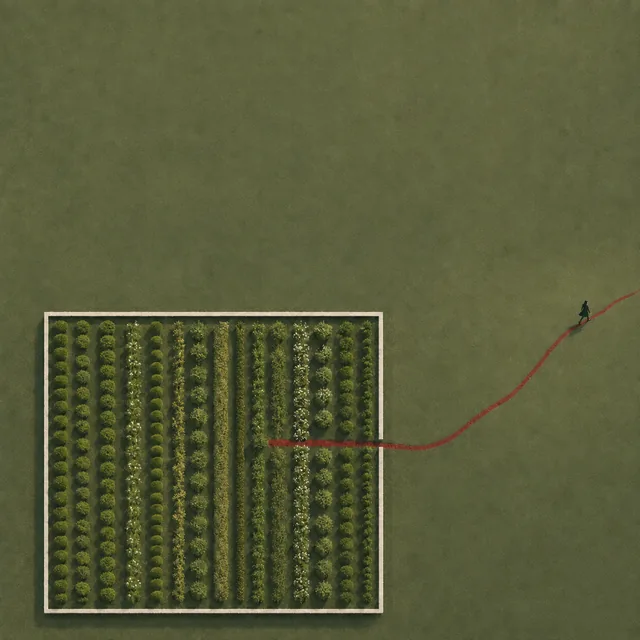 Aerial illustration of a walled garden with a red thread leading a figure away across an open field