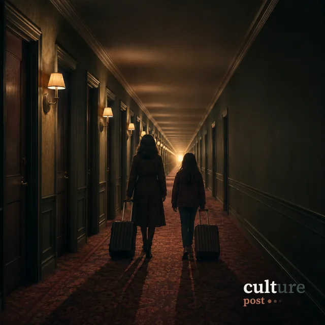 Two figures pulling suitcases down a long hotel hallway