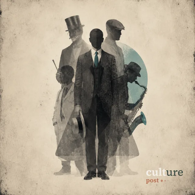 A sepia composite photograph of a faceless man surrounded by figures from different eras
