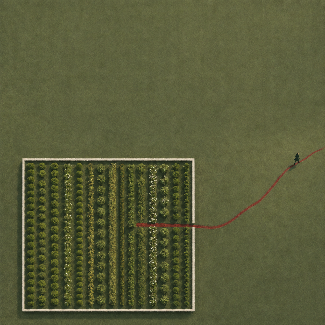 Aerial illustration of a walled garden with a red thread leading a figure away across an open field